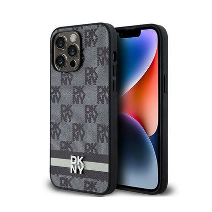 DKNY Odinis dėklas iPhone 14 Pro Max – Languotas vienspalvis raštas ir atspausdintos juostelės (juodas)