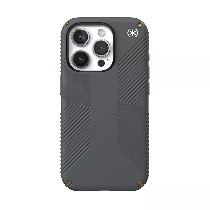 Speck Presidio2 Grip – „iPhone 15 Pro“ dėklas (anglies pilka / šalta bronza / balta)