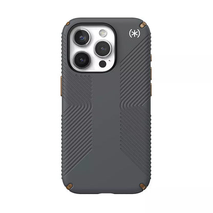 Speck Presidio2 Grip – „iPhone 15 Pro“ dėklas (anglies pilka / šalta bronza / balta)