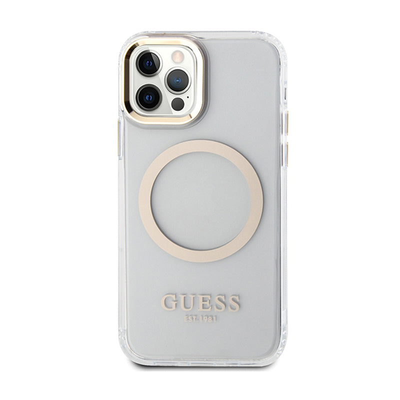 Guess Metal Outline MagSafe – dėklas skirtas iPhone 12 / iPhone 12 Pro (permatomas / auksinis)