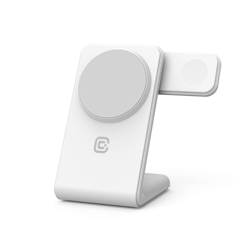 Crong MagSpot Pivot Stand - 3-in-1 belaidis įkroviklis su MagSafe, skirtas iPhone, Apple Watch ir AirPods (baltas)