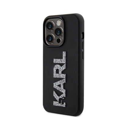 Karl Lagerfeld 3D guminis logotipas su blizgučiais – dėklas skirtas iPhone 15 Pro (juodas)