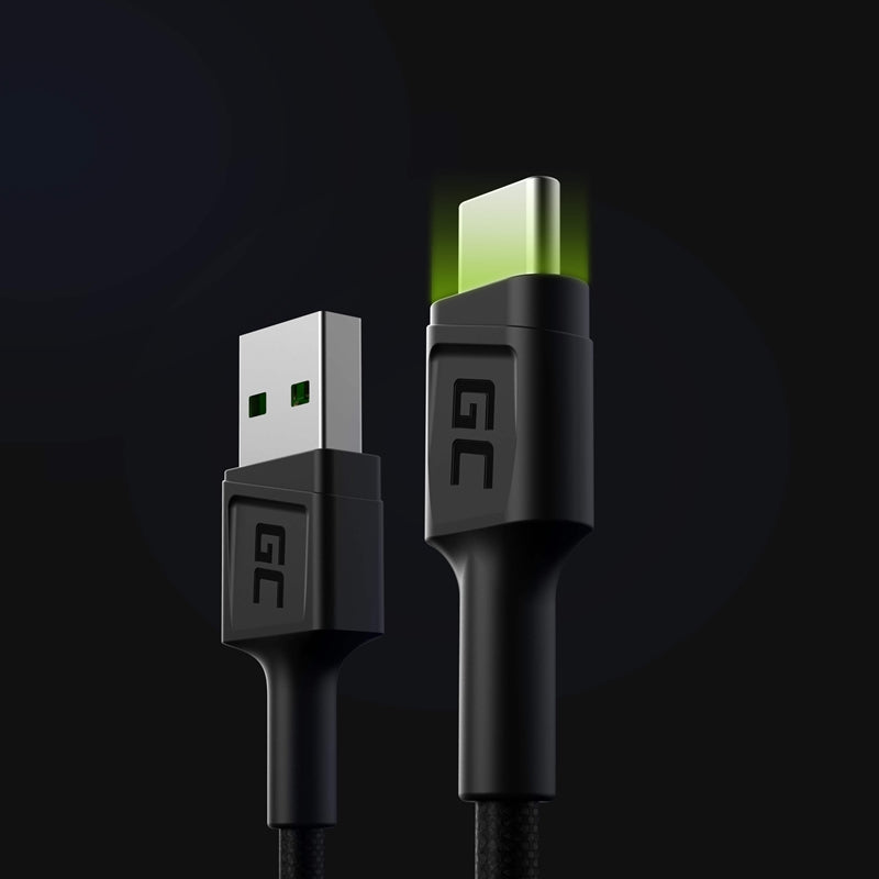 Green Cell Ray USB laidas - USB-C 120cm su žaliu LED apšvietimu ir palaiko greitą įkrovimą Ultra Charge, QC 3.0