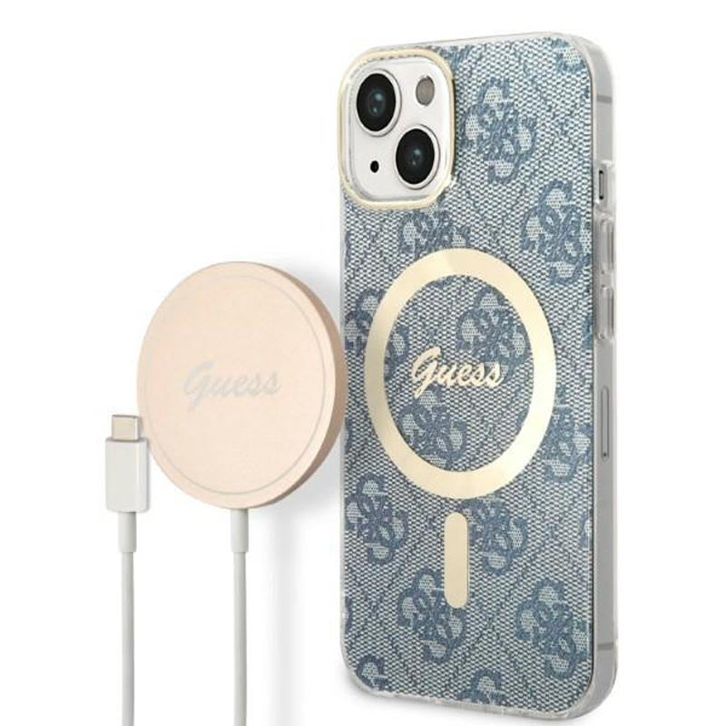 Guess Bundle Pack MagSafe 4G – dėklų rinkinys iPhone 14 + MagSafe įkroviklis (mėlyna/auksinė)