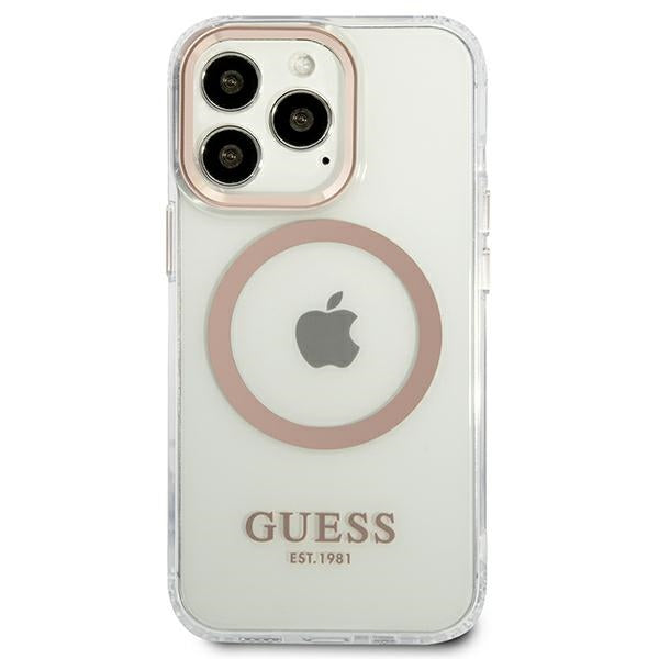 Guess Dėklas MagSafe Metalo kontūras skirtas iPhone 13 Pro Max (Skaidrus)
