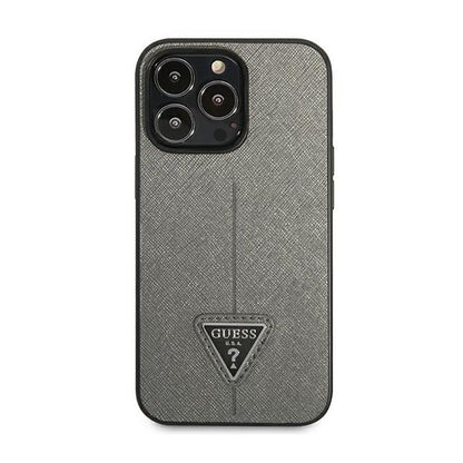 Guess Saffiano Triangle Logo dėklas – dėklas, skirtas iPhone 14 Pro (sidabrinis)