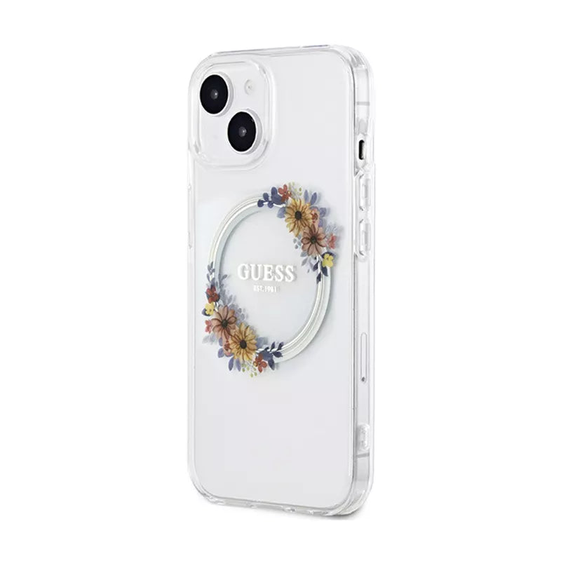 Guess IML Flowers Wreath MagSafe – dėklas, skirtas iPhone 15 (skaidrus)