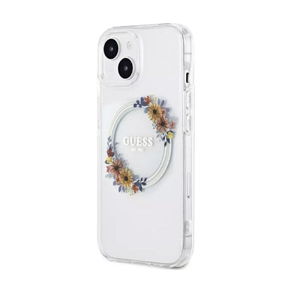 Guess IML Flowers Wreath MagSafe – dėklas, skirtas iPhone 15 (skaidrus)