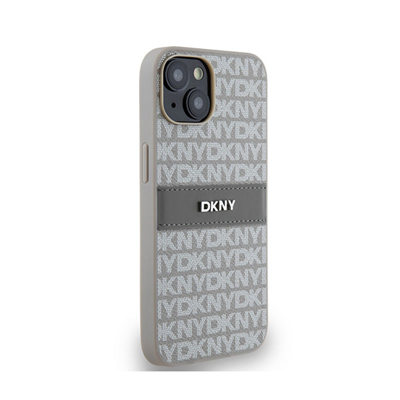 DKNY Odinis Monogram Juostelė ir Metalinis Logotipas - „iPhone 14“ / 15 / 13 Dėklas (smėlio spalvos)