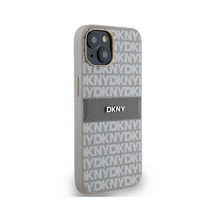 DKNY Odinis Monogram Juostelė ir Metalinis Logotipas - „iPhone 14“ / 15 / 13 Dėklas (smėlio spalvos)