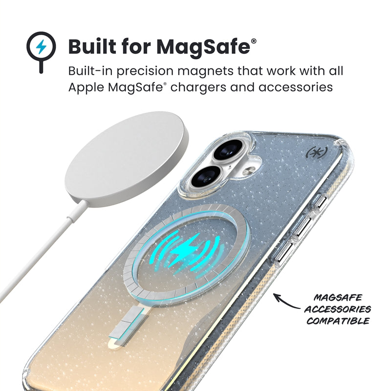 Speck Presidio Lux MagSafe - iPhone 17 dėklas (Hyper Mirror Glitter / Silver Metallic)
