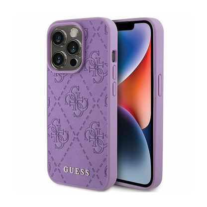 Guess Leather 4G Stamped - Dėklas, skirtas „iPhone 15 Pro Max“ (purpurinė)