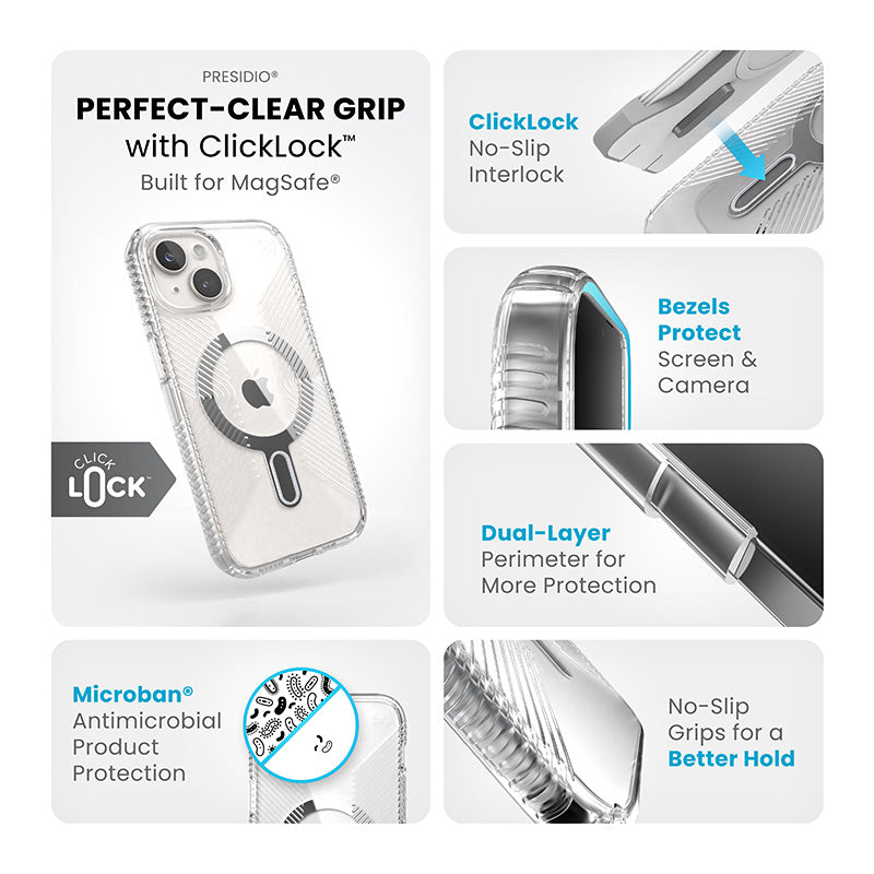 Speck Presidio Perfect-Clear Grip ClickLock & MagSafe – dėklas skirtas iPhone 16e / iPhone 15 / iPhone 14 / iPhone 13 (skaidrus / chromo apdaila / ramus sidabras)
