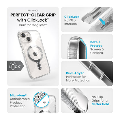 Speck Presidio Perfect-Clear Grip ClickLock & MagSafe – dėklas skirtas iPhone 16e / iPhone 15 / iPhone 14 / iPhone 13 (skaidrus / chromo apdaila / ramus sidabras)