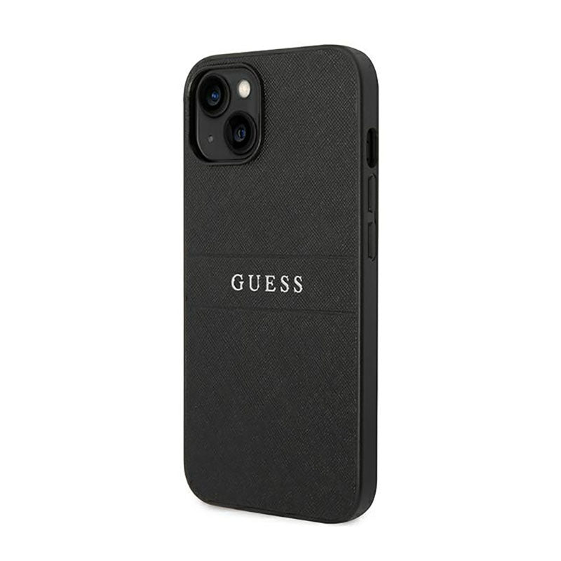 Guess Saffiano Metal Logo Stripes – dėklas, skirtas „iPhone 14 Plus“ (juodas)