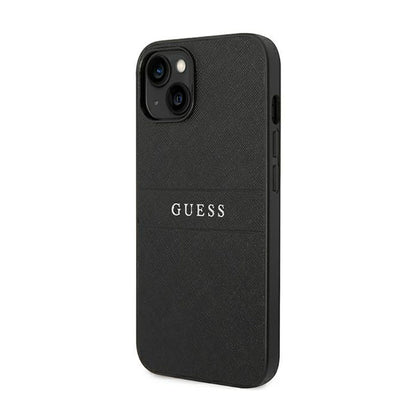 Guess Saffiano Metal Logo Stripes – dėklas, skirtas „iPhone 14 Plus“ (juodas)