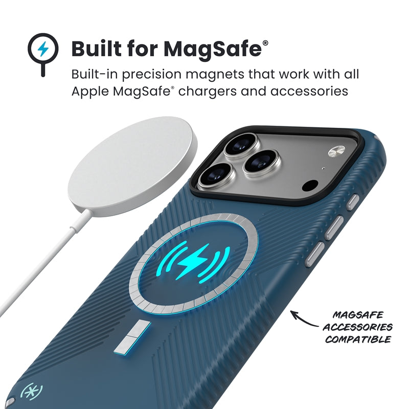 Speck Presidio2 Grip MagSafe - dėklas iPhone 17 Pro Max (Deep Sea/Silver Metallic)