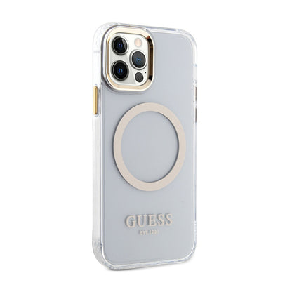 Guess Metal Outline MagSafe – dėklas skirtas iPhone 12 / iPhone 12 Pro (permatomas / auksinis)