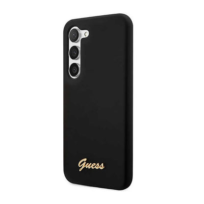 Guess silikoninis dėklas su metaliniu užrašu logotipu, skirtas Samsung Galaxy S23+ (Juodas)