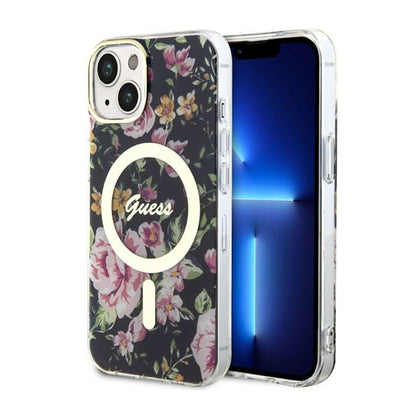 Guess Flower MagSafe – dėklas iPhone 14 Plus (juoda)