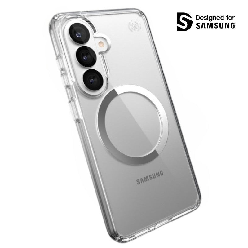 Speck Presidio Perfect-Clear Magnet – Samsung Galaxy S26 dėklas su MagSafe (Skaidrus/Skaidrus/Sidabrinis)