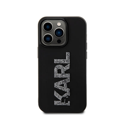 Karl Lagerfeld 3D guminis logotipas su blizgučiais – dėklas skirtas iPhone 15 Pro (juodas)