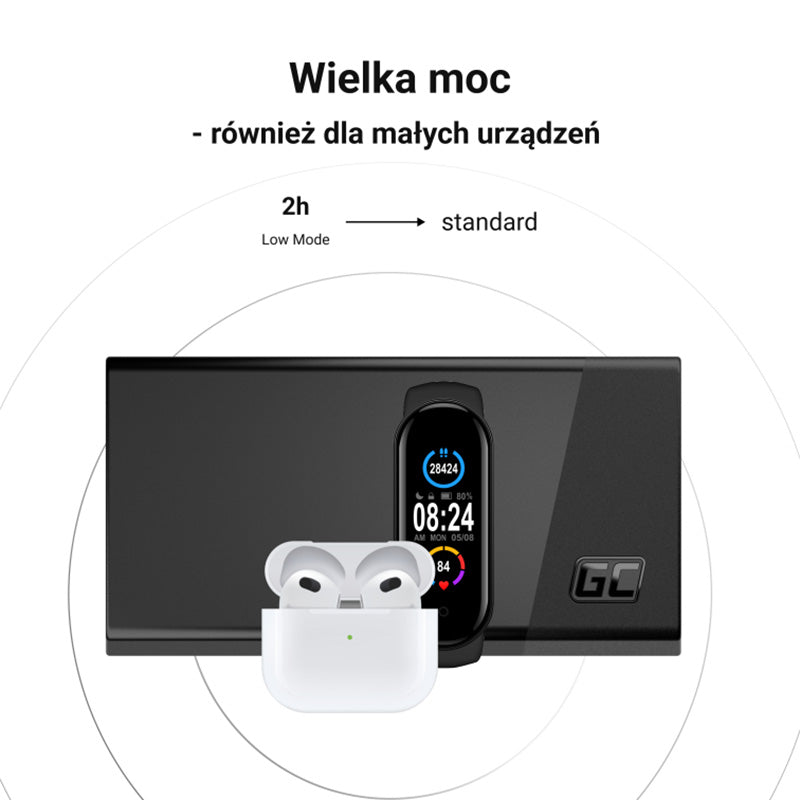 Green Cell PowerPlay20s – išorinė baterija 20000 mAh su USB-A QuickCharge 3.0 ir 2x USB-C Power Delivery 22.5W (juoda)