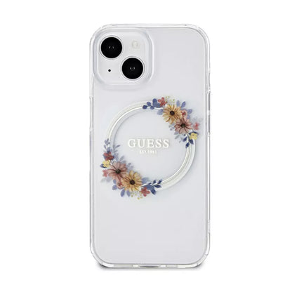 Guess IML Flowers Wreath MagSafe – dėklas, skirtas iPhone 15 (skaidrus)