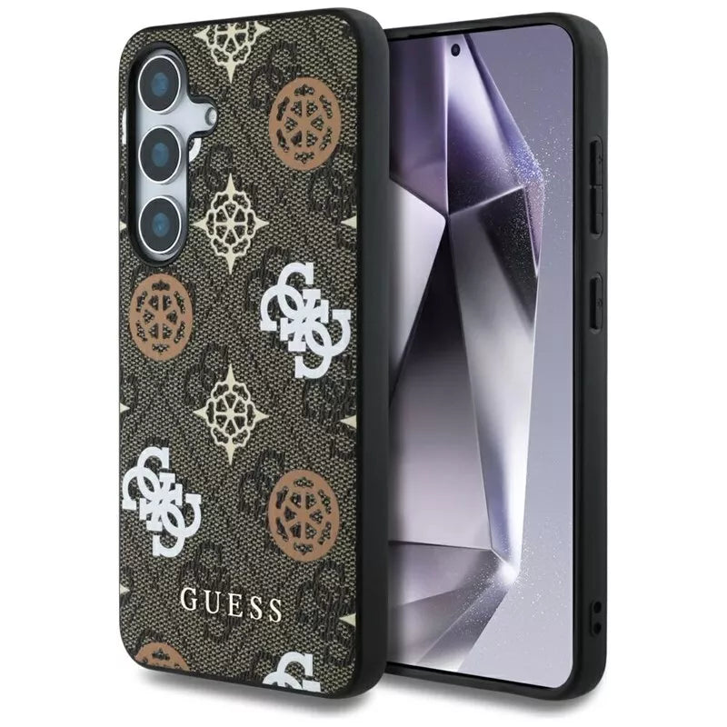 Guess 4G atspausdintas dėklas su spalvotu bijūnų raštu, MagSafe – Samsung Galaxy S25 (rudos spalvos)