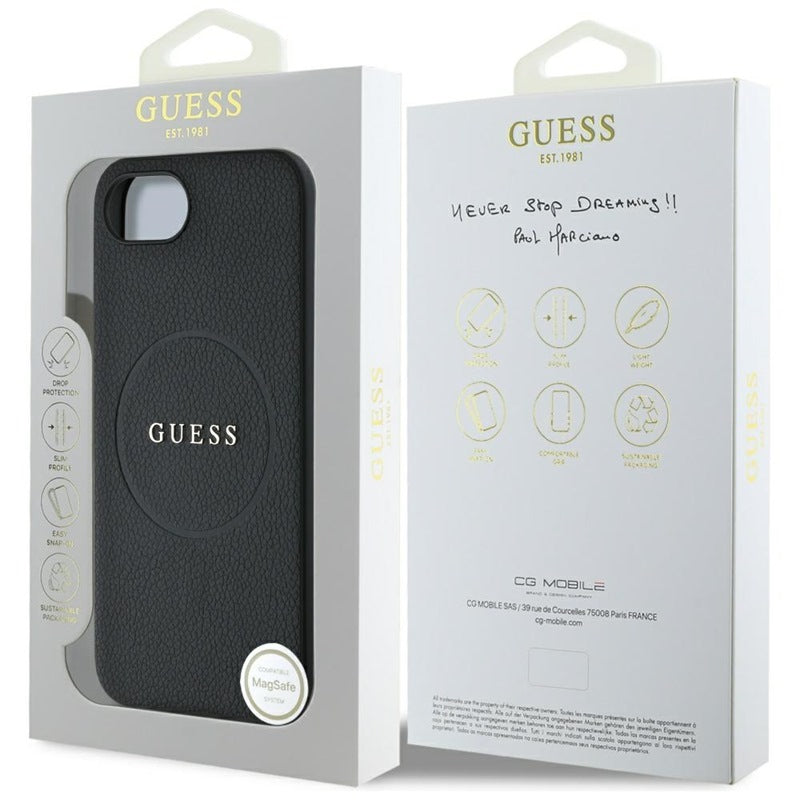 Guess Grained Ring MagSafe – dėklas, skirtas iPhone 16e (juodos spalvos)