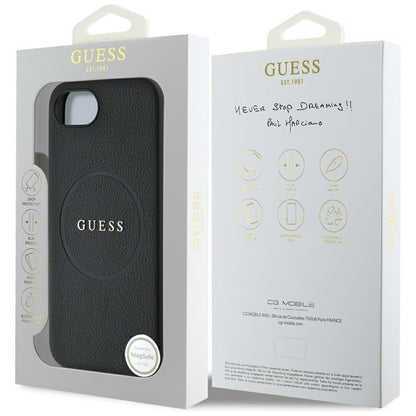 Guess Grained Ring MagSafe – dėklas, skirtas iPhone 16e (juodos spalvos)