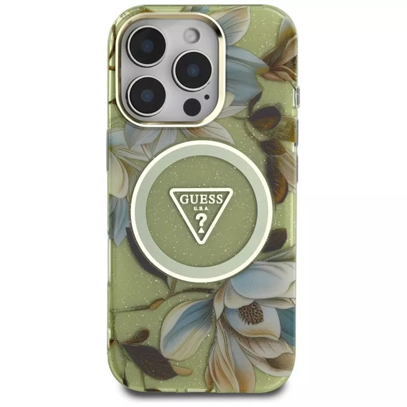 Guess Glitter Flowers Triangle Buttons MagSafe – dėklas iPhone 16 Pro (žalias)