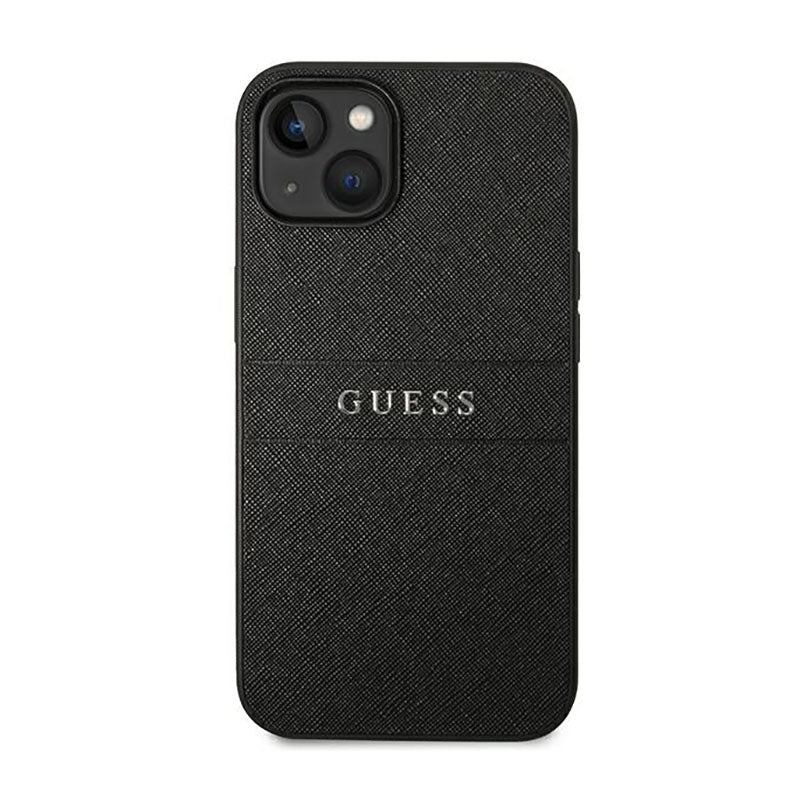Guess Saffiano Metal Logo Stripes – dėklas, skirtas „iPhone 14 Plus“ (juodas)