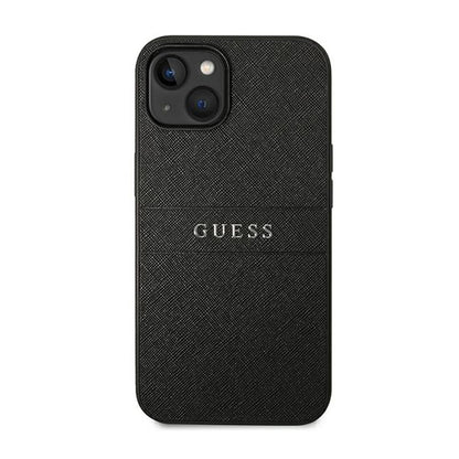 Guess Saffiano Metal Logo Stripes – dėklas, skirtas „iPhone 14 Plus“ (juodas)