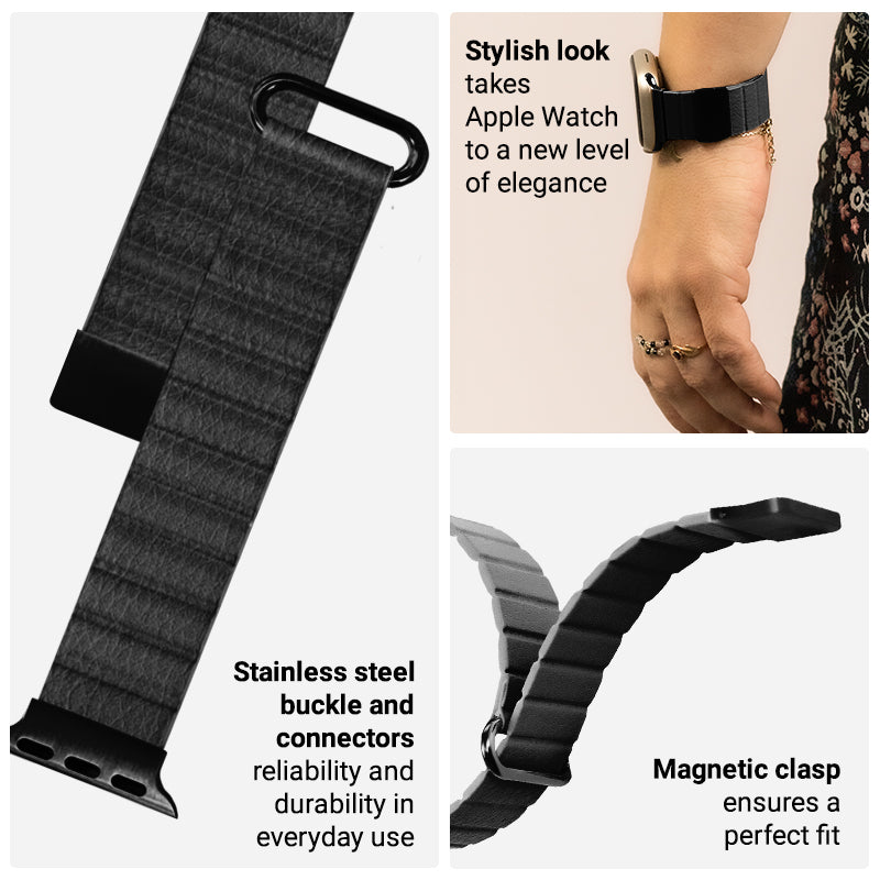Crong Eclipse - Magnetinė odinė apyrankė Apple Watch 44/45/46/49 mm (Juoda)