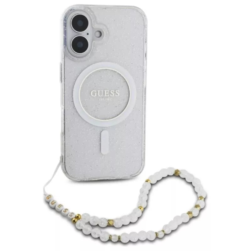 Guess IML Glitter With Pearl Strap MagSafe – dėklas, skirtas iPhone 16 (Skaidrus)