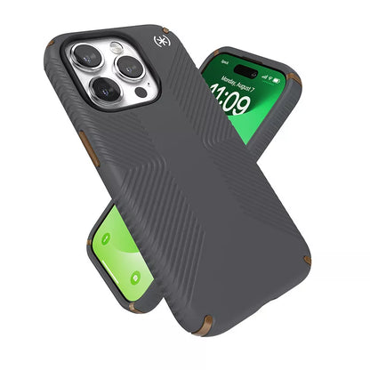 Speck Presidio2 Grip – „iPhone 15 Pro“ dėklas (anglies pilka / šalta bronza / balta)