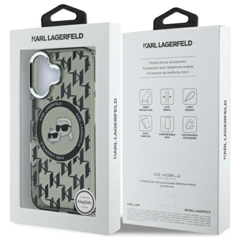 Karl Lagerfeld IML Monogram Karl & Choupette Head MagSafe – dėklas skirtas iPhone 16 (juodas)
