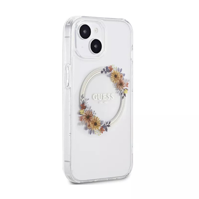 Guess IML Flowers Wreath MagSafe – dėklas, skirtas iPhone 15 (skaidrus)