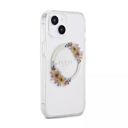 Guess IML Flowers Wreath MagSafe – dėklas, skirtas iPhone 15 (skaidrus)