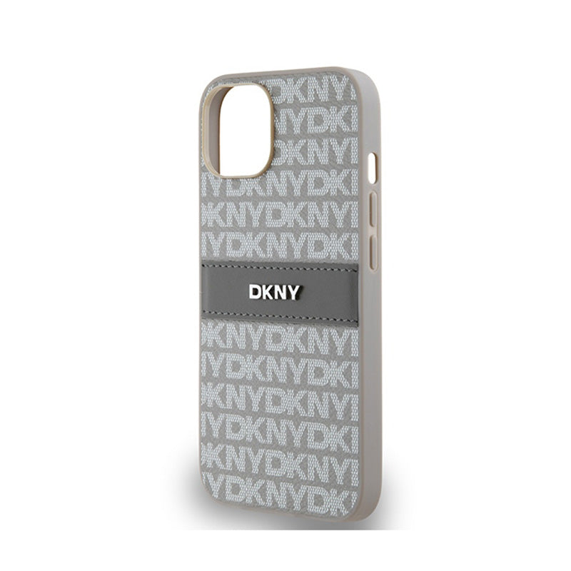 DKNY Odinis Monogram Juostelė ir Metalinis Logotipas - „iPhone 14“ / 15 / 13 Dėklas (smėlio spalvos)