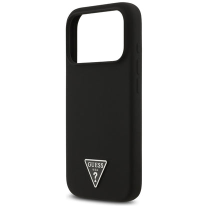 Guess Silikoninis MagSafe dėklas su Trikampio logotipu iPhone 17 Pro Max (juodas)