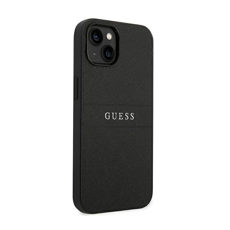 Guess Saffiano Metal Logo Stripes – dėklas, skirtas „iPhone 14 Plus“ (juodas)