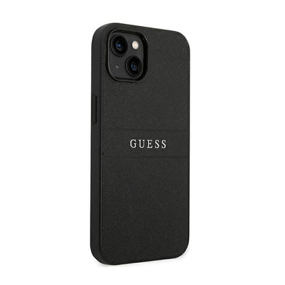 Guess Saffiano Metal Logo Stripes – dėklas, skirtas „iPhone 14 Plus“ (juodas)