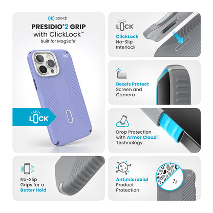 Speck Presidio2 Grip ClickLock & MagSafe – dėklas iPhone 16 Pro Max (Future Lavender / Cassis Purple / White)