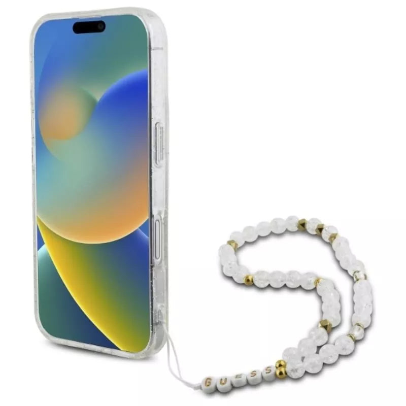 Guess IML Glitter With Pearl Strap MagSafe – dėklas, skirtas iPhone 16 (Skaidrus)