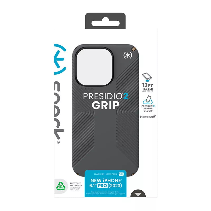 Speck Presidio2 Grip – „iPhone 15 Pro“ dėklas (anglies pilka / šalta bronza / balta)