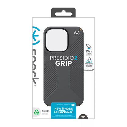 Speck Presidio2 Grip – „iPhone 15 Pro“ dėklas (anglies pilka / šalta bronza / balta)