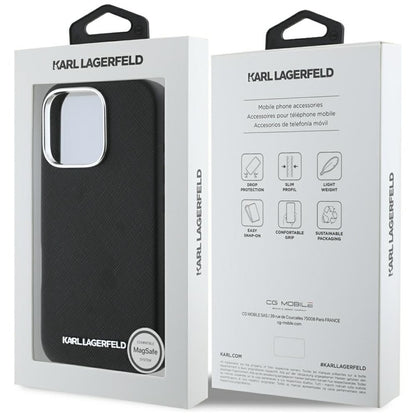 Karl Lagerfeld Saffiano Full Wrapped Elongated Metal Logo MagSafe – dėklas, skirtas „iPhone 16 Pro“ (juodas)