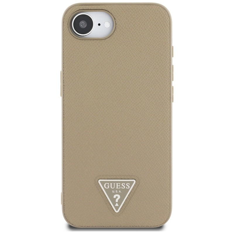 Guess Grained Triangle MagSafe – dėklas iPhone 16e (rudas)